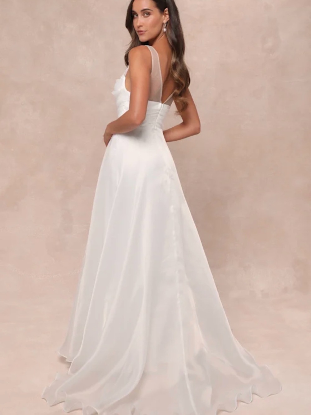 Lulu's White Satin A-Line Bridal Gown with Sheer Straps